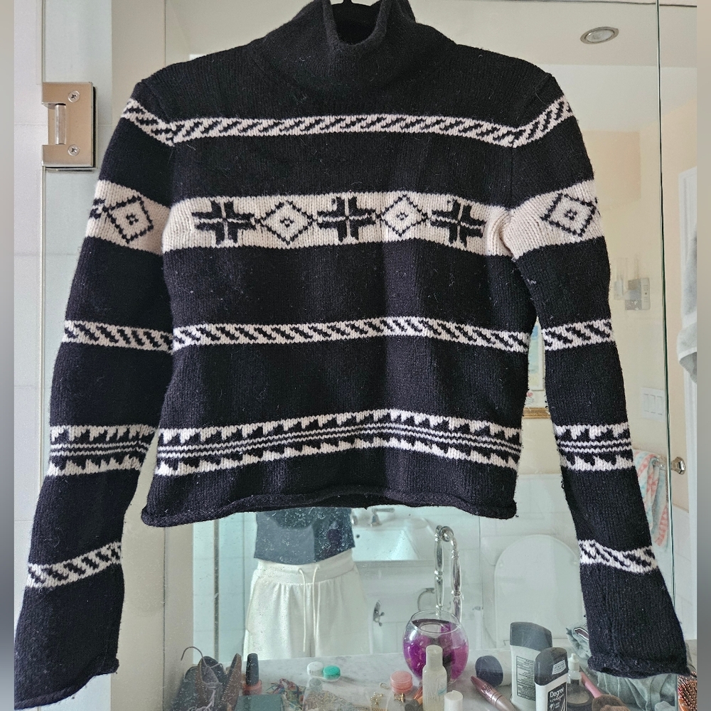 Ralph Lauren 100% Wool Fair Isle Turtleneck Sweater Black and White southwest fl